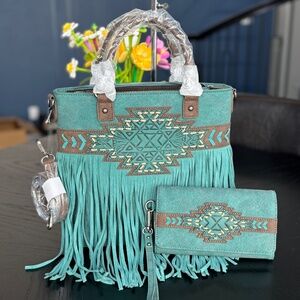 Trinity Ranch Aztec Tooled Fringe Concealed Carry Tote/Crossbody + Wallet Turq